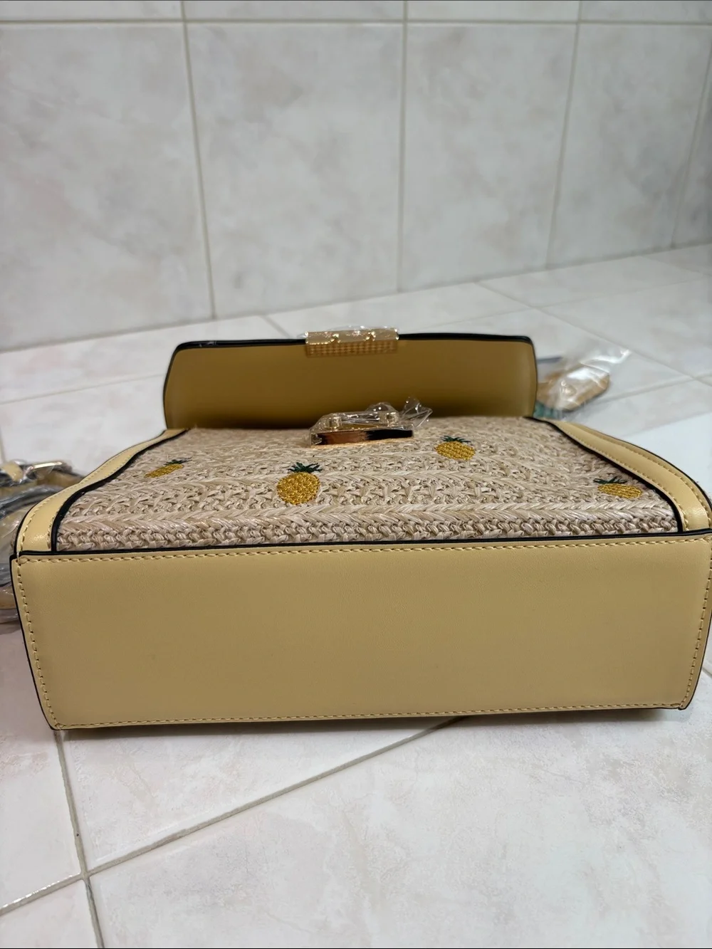 BCBG Generation Pineapple Straw Top-Handle Bag in Yellow with Crossbody Strap